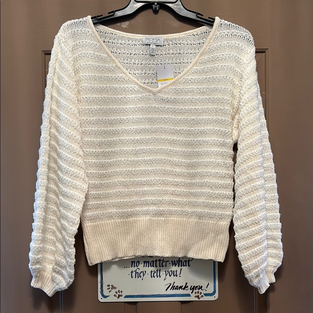 NWT Sofia Vergara Women's Stripe V Neck Cream Sweater size Large - Picture 1 of 3